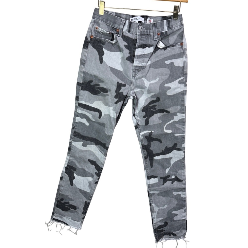 RE/DONE Original Grey Camo High Rise Ankle Crop Stretch Jeans Size 26 Button Fly